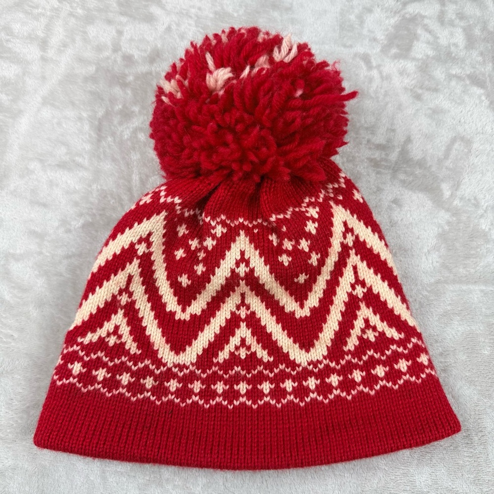 Vintage Andres Red Wool Fair Isle Pom Pom Beanie Nordic Winter Hat Scandinavian